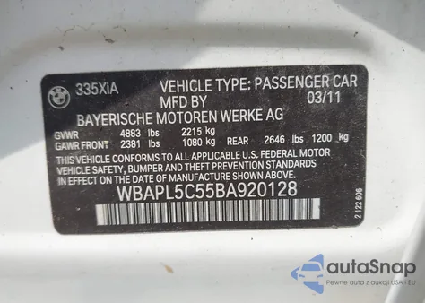 2011 BMW 335I xDrive из США, поврежденный, VIN WBAPL5C55BA920128